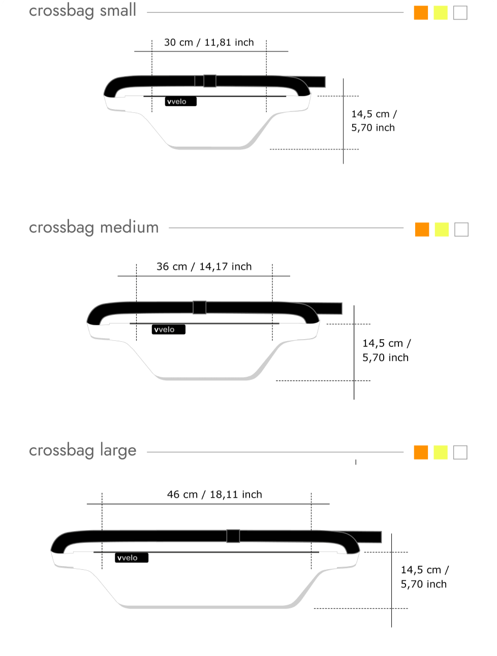 Crossbag Größenmodelle – vvelo | Größenvergleich klein, medium, groß
