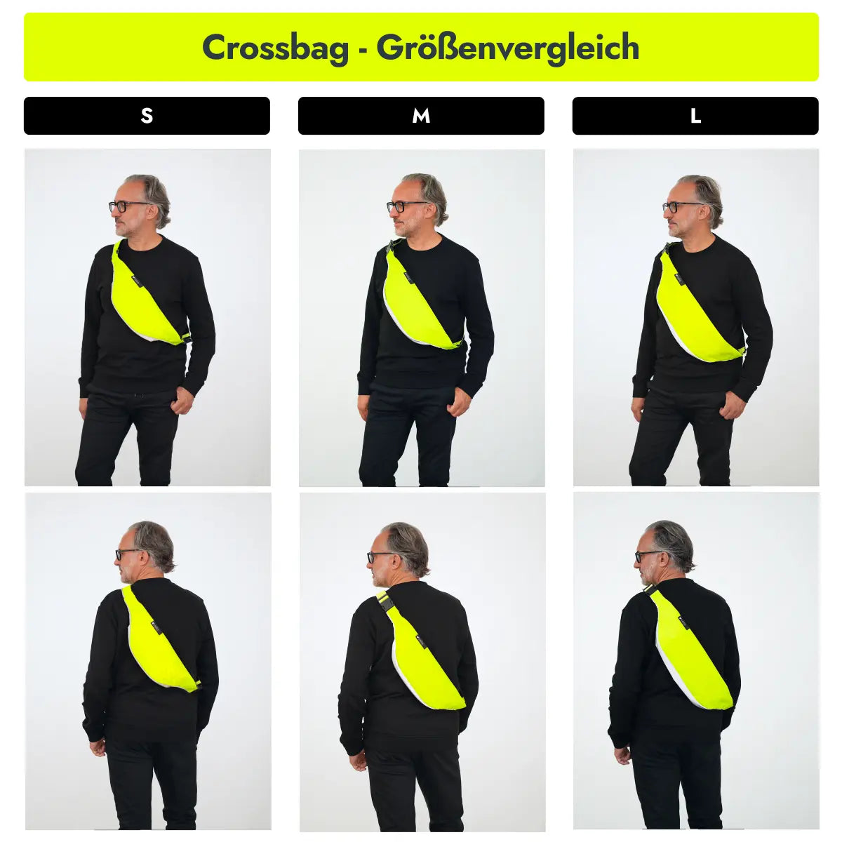 Mann trägt die vvelo Crossbag in unterschiedlichen Größen