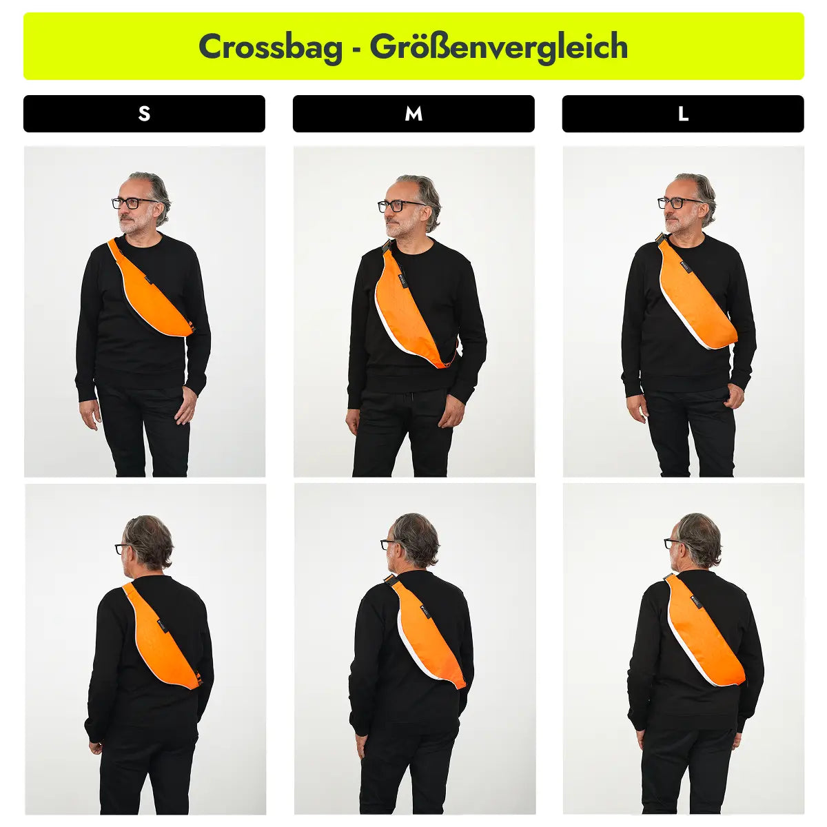 Mann trägt die vvelo Crossbag in unterschiedlichen Größen