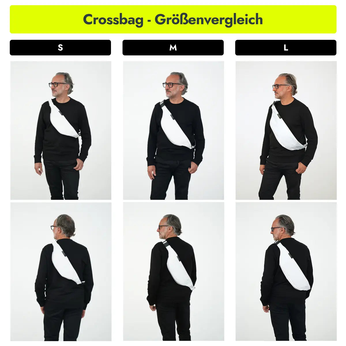 Mann trägt die vvelo Crossbag in unterschiedlichen Größen