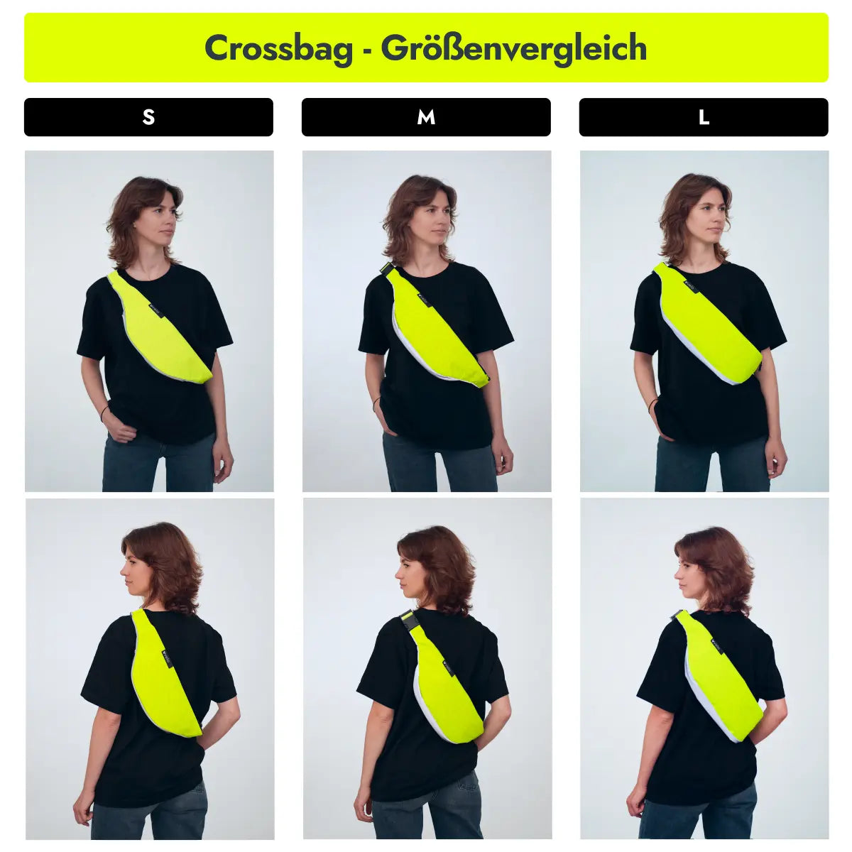 Frau trägt die vvelo Crossbag in unterschiedlichen Größen