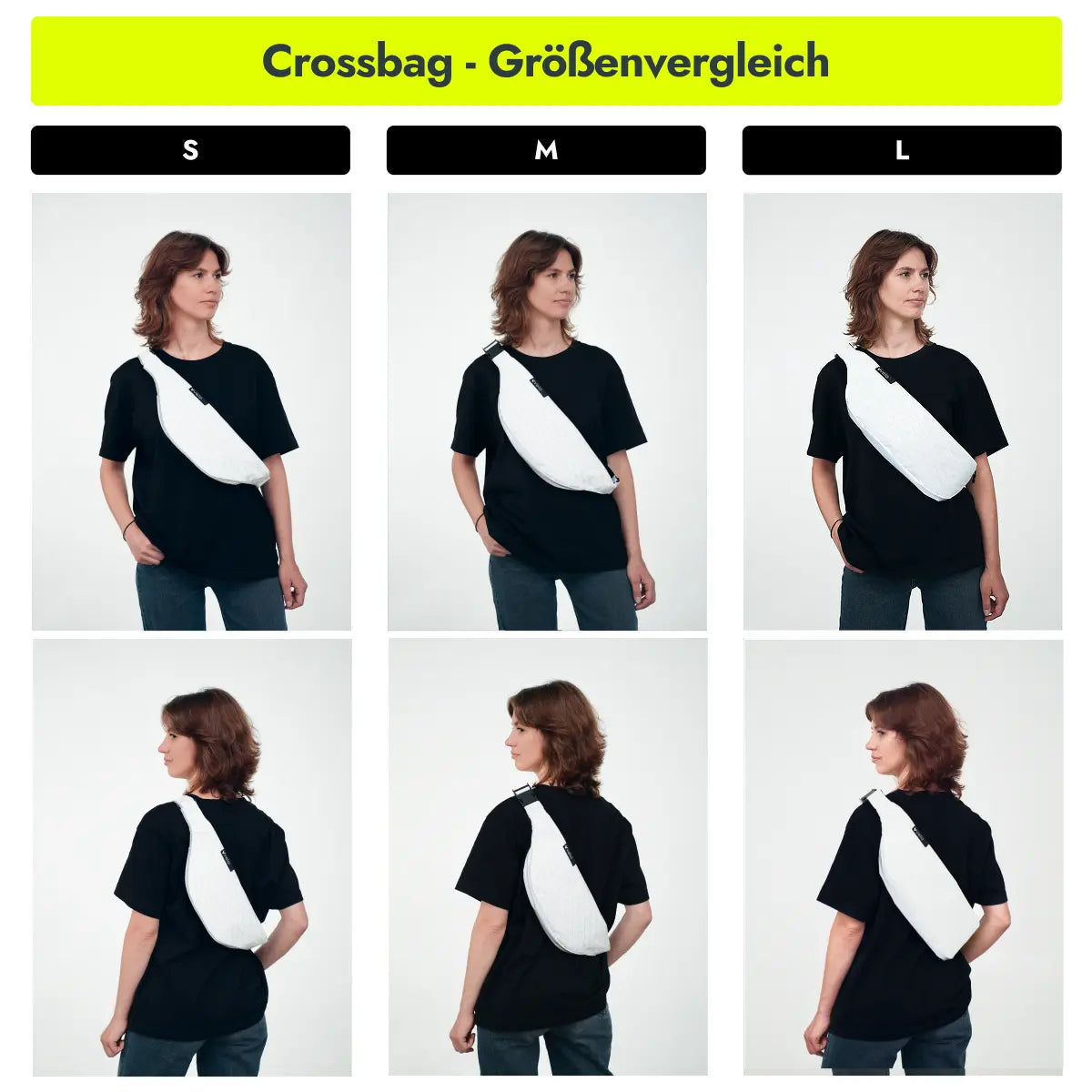 Frau trägt die vvelo Crossbag in unterschiedlichen Größen