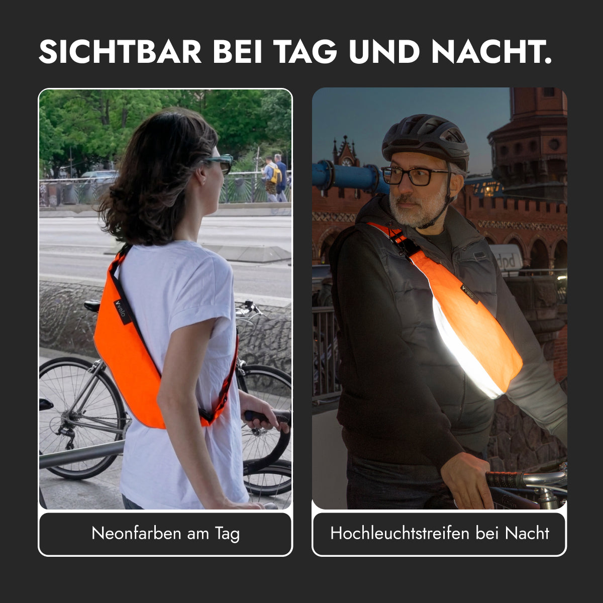 vvelo Large Crossbag bei Tag und Nacht (Orange)