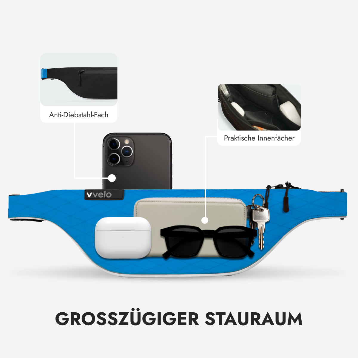 vvelo Crossbag medium Blau – Stauraum mit Innenfächern und Diebstahlschutzfach